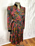 1980s Does 1940s Velvet Trim Laura Ashley Style Floral Dress Vintage Day Dress Authentic Vintage 