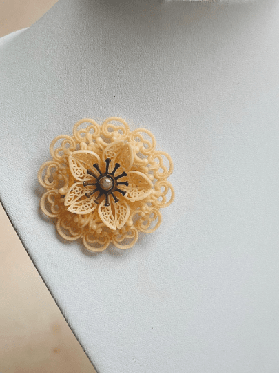 1930s Thin Celluloid Filigree Flower Brooch Voluptuous Vintage