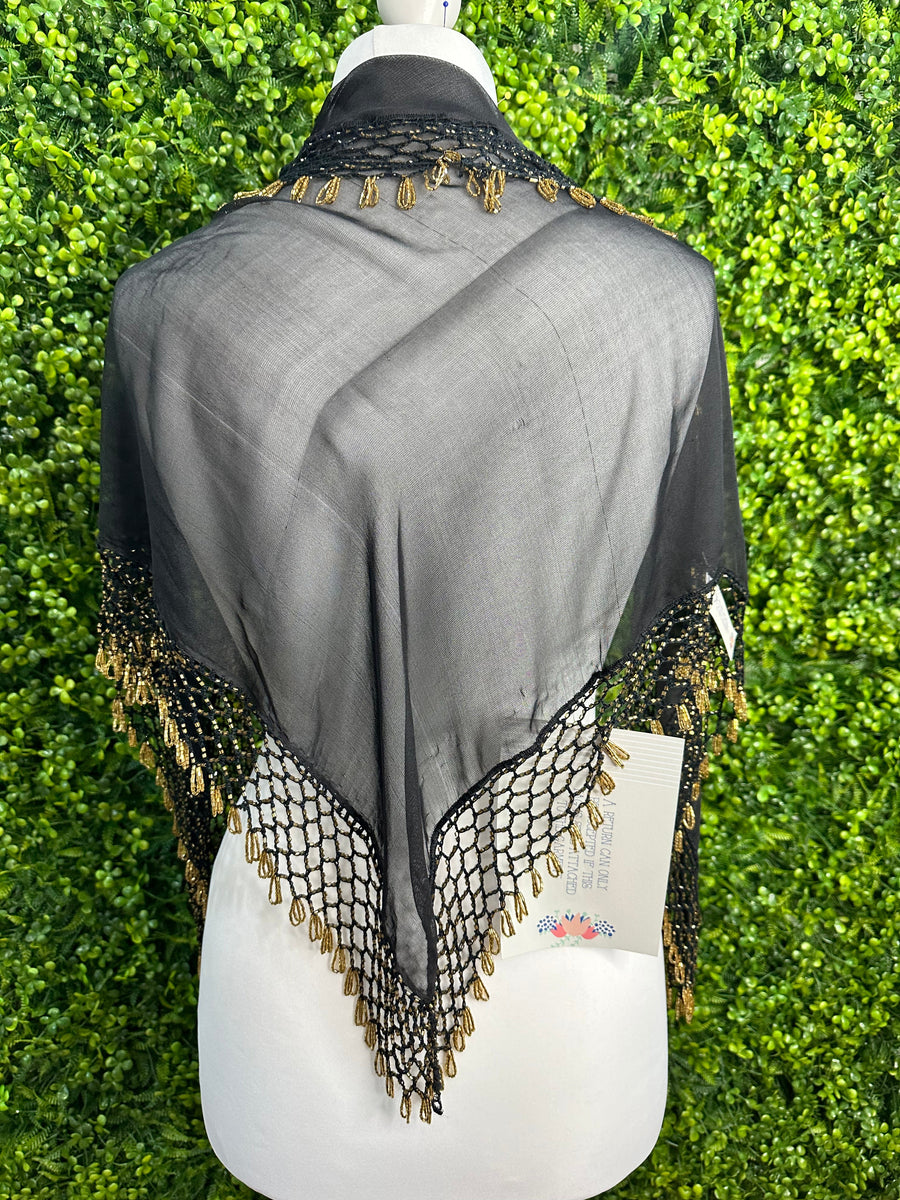 1950s Sheer Beaded Crochet Trim Evening Shawl Voluptuous Vintage