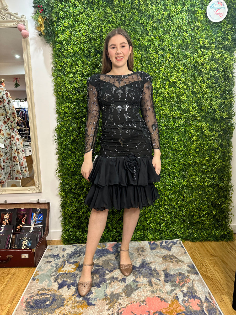 1980s Hammells Heavily Beaded Silk Razzle Dazzle Dress Voluptuous Vintage