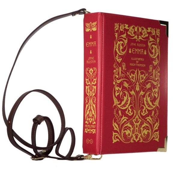 Voluptuous Vintage's Emma Book Crossbody Handbag Bag by Well Read Company. A classic hardback style book with filigree gold detailing on a dark red background. The straps attach each end of the 