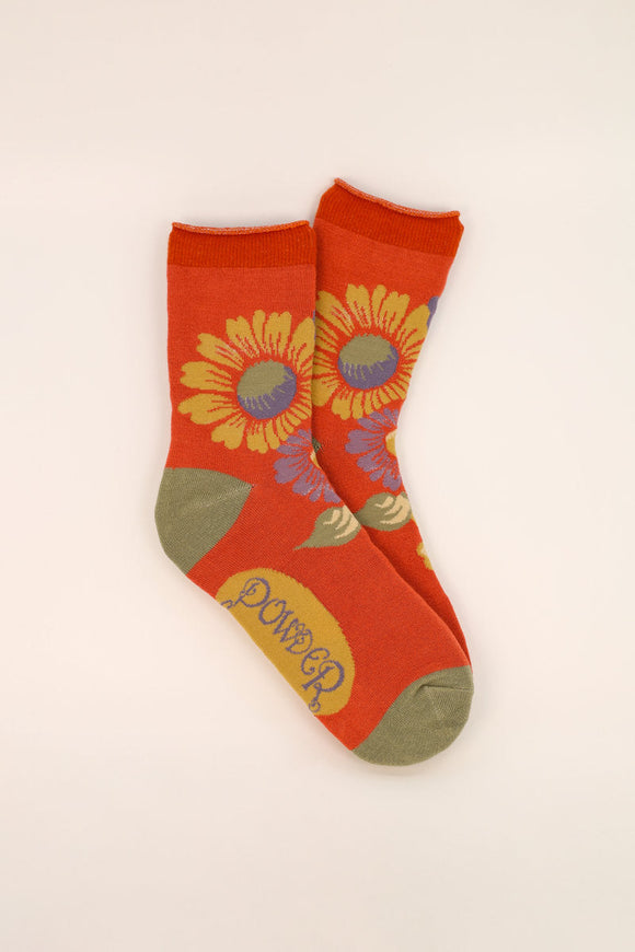 Vintage Flora Ankle Socks - Tangerine Socks by Powder with bold floral patterns in muted mustard and sage colours.