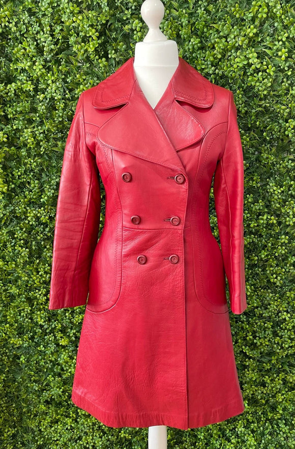1960s Mod MCM Red Leather Trench Coat Vintage Coat Authentic Vintage Red Audrey 