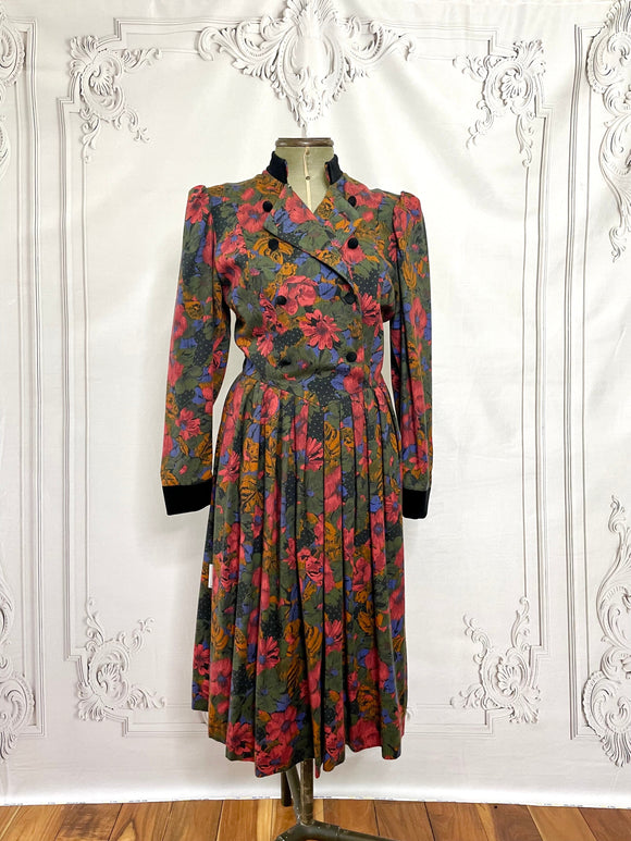 1980s Does 1940s Velvet Trim Laura Ashley Style Floral Dress Vintage Day Dress Authentic Vintage Multi Bette 