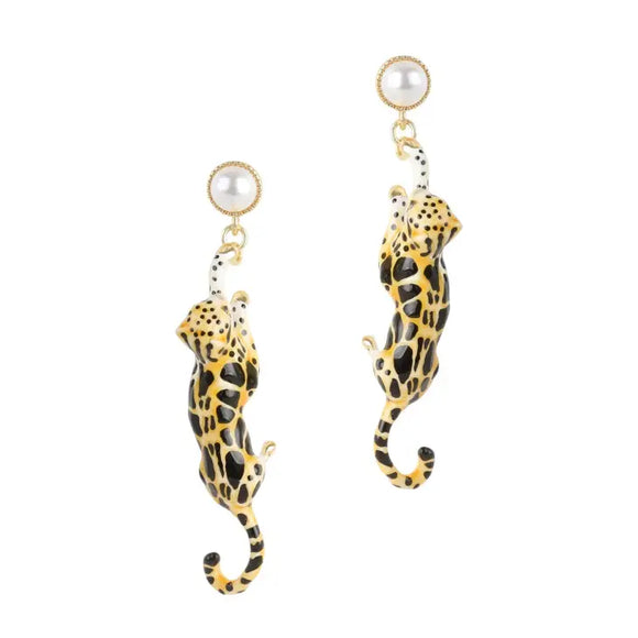 Clouded Leopard Enamel Drop Earrings