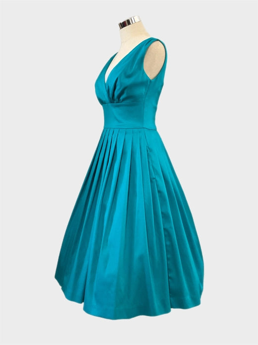 sachin and babi light blue dress Sold🖤Iconic 1950's Oleg Cassini Grace Kelly era silk organza party dress  with dramatic ultra full skirt and pale pink polka dot shelf pleated bust  and bow. What vintage dreams are made of! main image 0