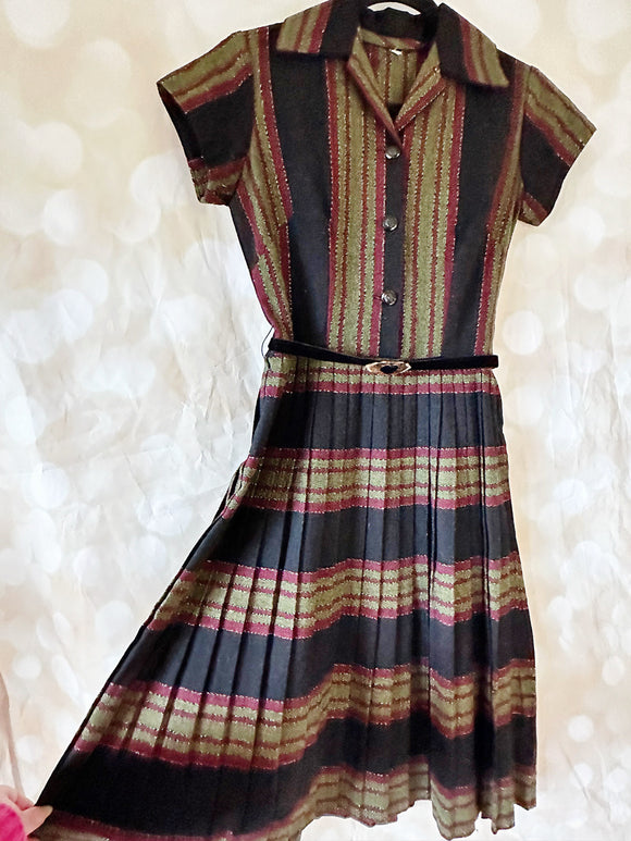 **1940s Pleated Shirtwaister Stripe Dress Vintage Dress Authentic Vintage Black Audrey 