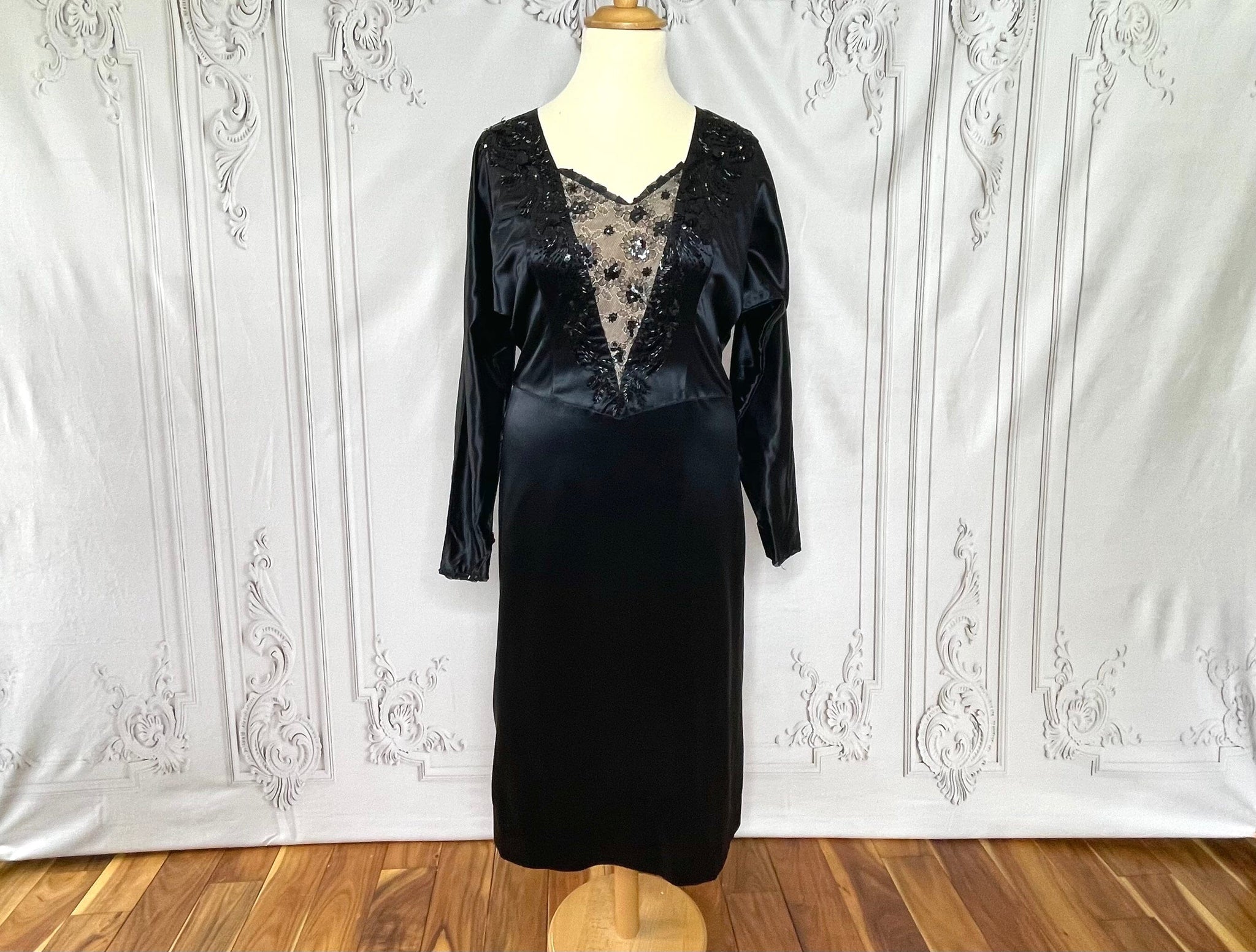 vintage black satin dress Unique Vintage Black Strapless Tea Length Gown XL/14-16