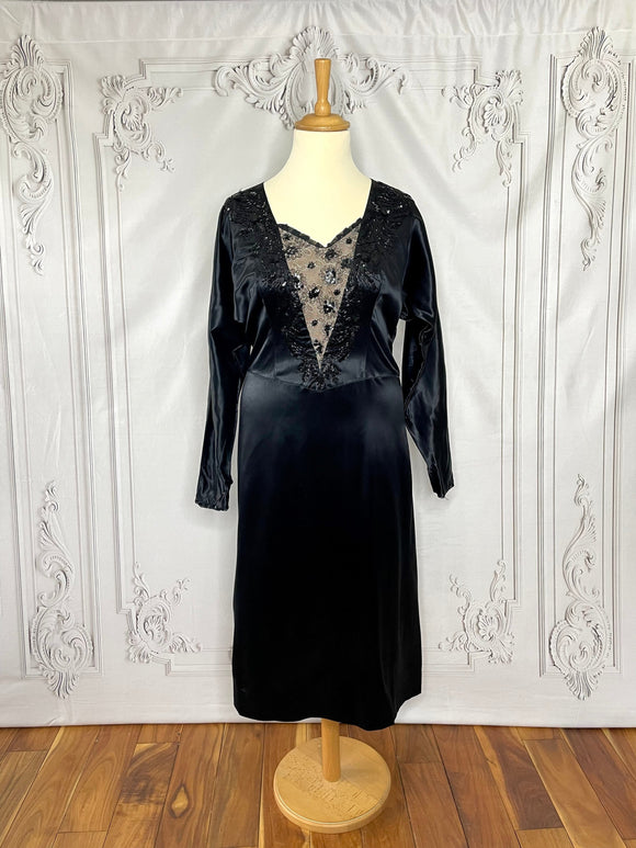 1950s Does 1930s Embellished & Beaded Satin Dress Voluptuous Vintage 1950s Does 1930s Embellished & Beaded Satin Dress Voluptuous Vintage