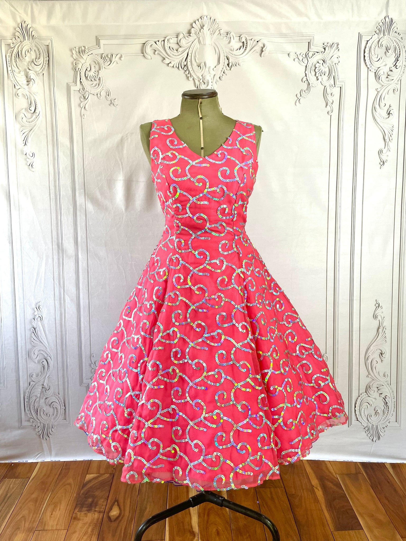 1960s Barbie Pink Iridescent Sequin Prom Dress Voluptuous Vintage 1960s Barbie Pink Iridescent Sequin Prom Dress Voluptuous Vintage