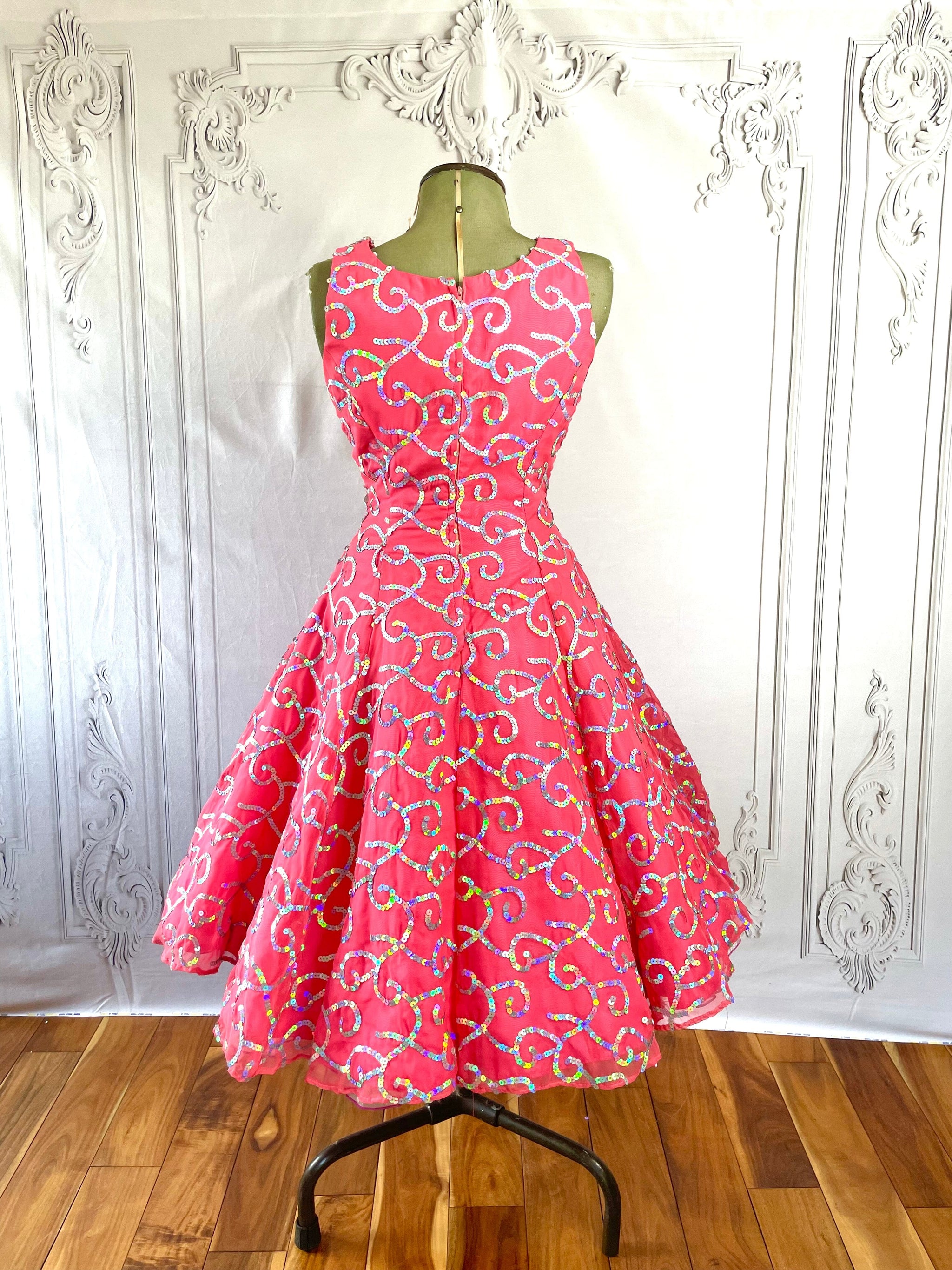1960s prom dress 1960s Barbie Pink Iridescent Sequin Prom Dress Voluptuous Vintage