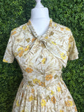 1960s Daisy Print Cotton Shirt Waister Pleated Dress With Pussy Bow Vintage Shirt Waister Dress Authentic Vintage 