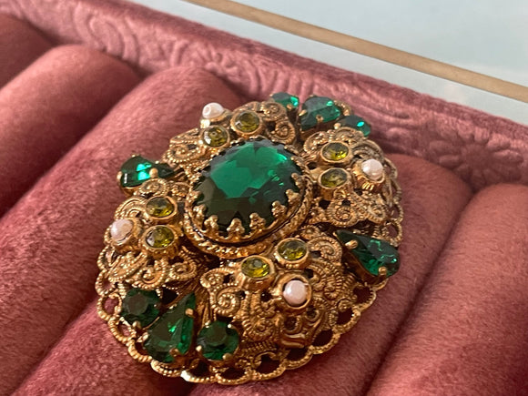 1960s Edwardian Style Filigree Brooch Signed W Germany Vintage Brooch Authentic Vintage Emerald One Size 