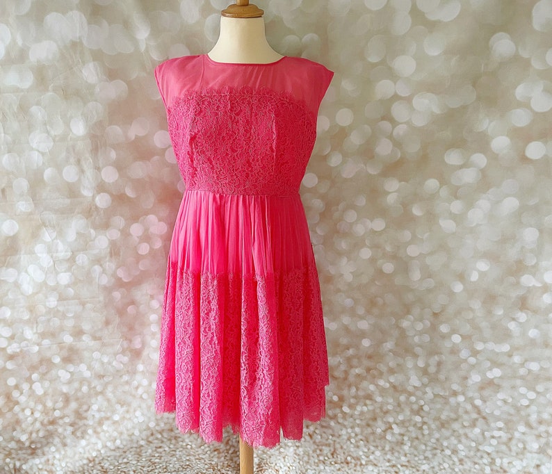 1960s Hot Pink Lace Organza Chiffon Prom Dress – Voluptuous Vintage - Main Image