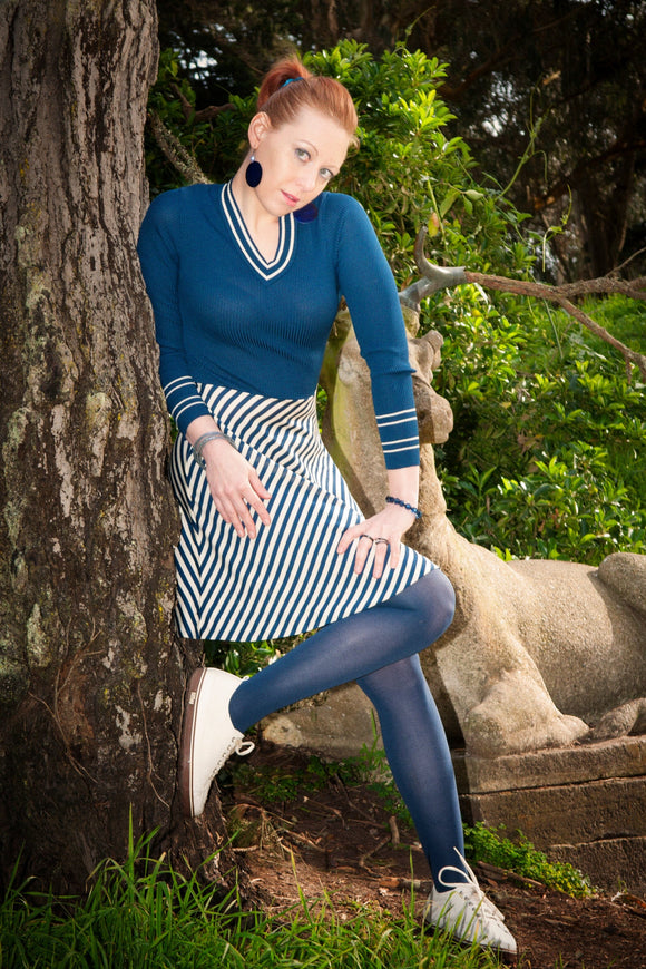 **1970s Aristo Kat Stripe Knit Dress Vintage Knit Dress Authentic Vintage Navy Audrey 