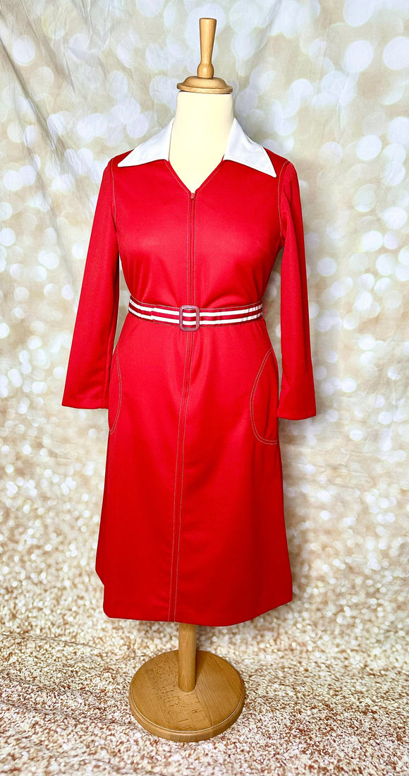 1970s Dagger Collar Dress Vintage Day Dress Authentic Vintage Red Dorothy 
