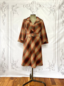 1970s Tartan Plaid Wool Blend Fall Dress Vintage Day Dress Authentic Vintage Clara Brown 