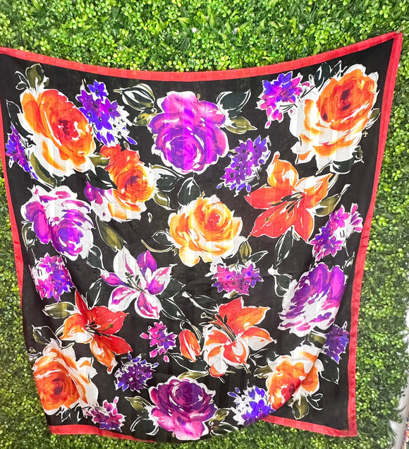 **1980s Shadow Stripe Floral Large Scarf Shawl Vintage Scarf Authentic Vintage Multi One Size 