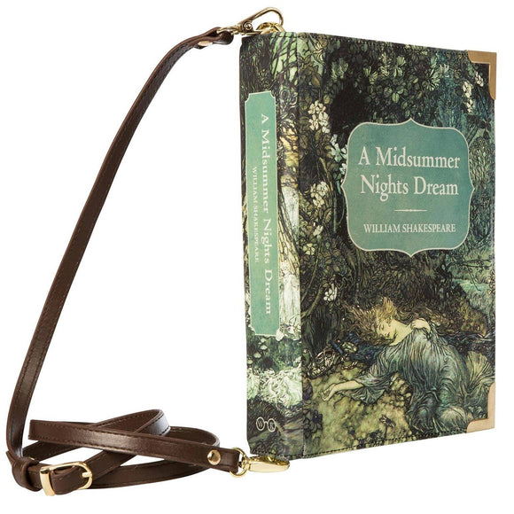 Voluptuous Vintage's A Midsummer Nights Dream Green Book Crossbody Clutch Handbag Bag from Well Read Company. Presented just as a hardback book would be, with shoulder strap attached at each end of the 