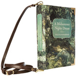 Voluptuous Vintage's A Midsummer Nights Dream Green Book Crossbody Clutch Handbag Bag from Well Read Company. Presented just as a hardback book would be, with shoulder strap attached at each end of the "spine". 
