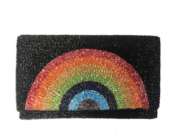 Voluptuous Vintage's BEADED RAINBOW bag by Rikki. A black bugle bead background with vivid rainbow arcs across the flapover. 