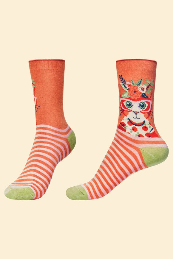 **Cottagecore Cat Bamboo Ankle Socks Socks Powder Orange One Size 