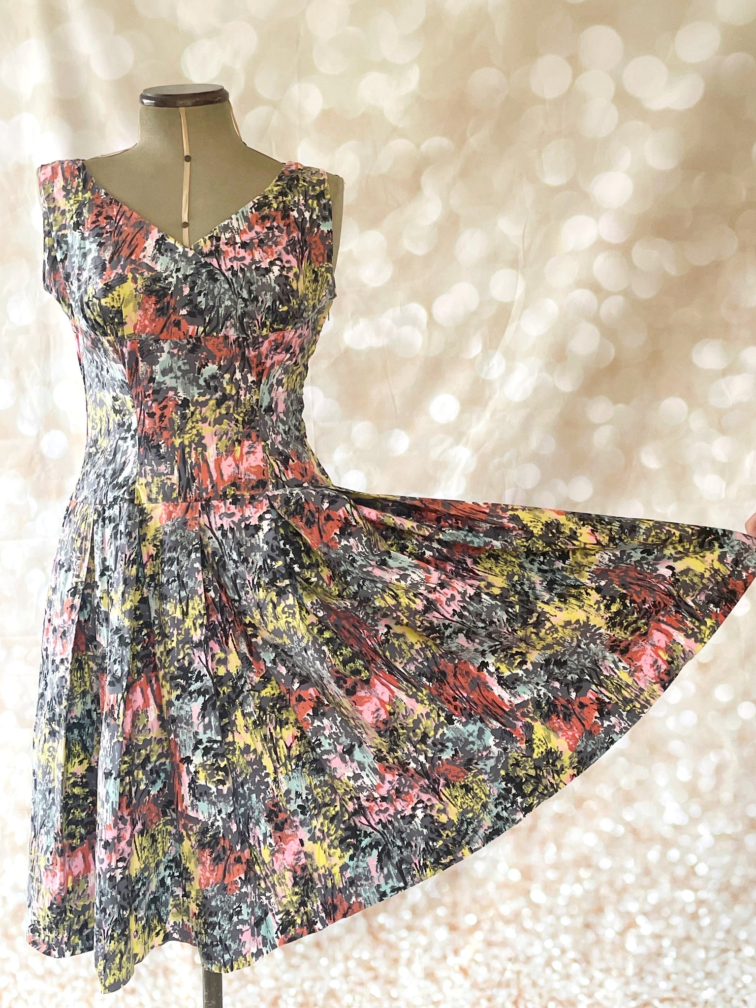 1950s Cornel Cotton Abstract Drop Waist Dress  Voluptuous Vintage