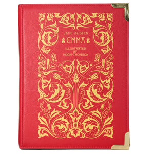 Voluptuous Vintage's Emma Book Crossbody Handbag Bag by Well Read Company. A classic hardback style book with filigree gold detailing on a dark red background. The straps attach each end of the "spine" 