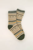 Fair Isle Cosy Socks = fluffy house socks with contrast grey toe, heel and cuff, and a classic fair isle knitted pattern on a cream background