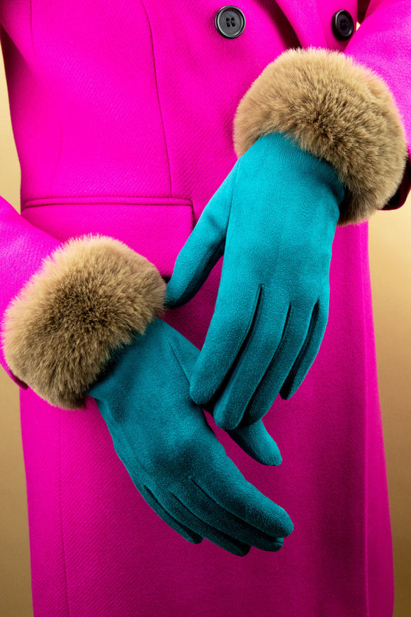 Faux Fur Trimmed Bettina Gloves Gloves Powder Teal One Size 