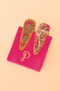 #Floral Stem & 60s Abstract Jewelled Hair Clips Hair Accessory Powder Mustard 
