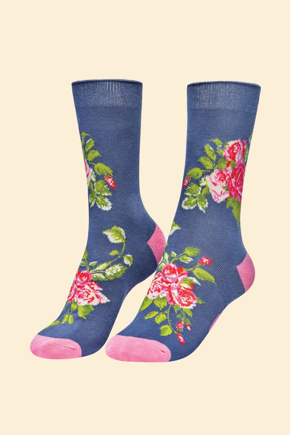 **Floral Vines Bamboo Ankle Socks Socks Powder Navy One Size 