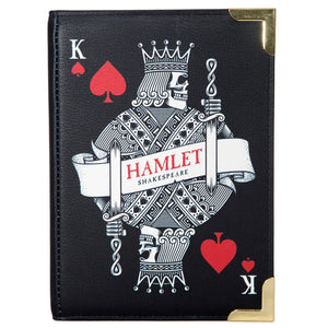 Voluptuous Vintage Hamlet Book Crossbody Handbag Small Bag by Well Read Company . A black book shaped bag with a playing card king illustration and Hamlet titling. The straps attach either end of the "spine".
