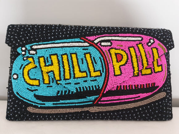 Voluptuous Vintage Hand Beaded Luxury Clutch Bag - Chill Pill Bag by Rikki . A huge blue and pink pill with yellow 