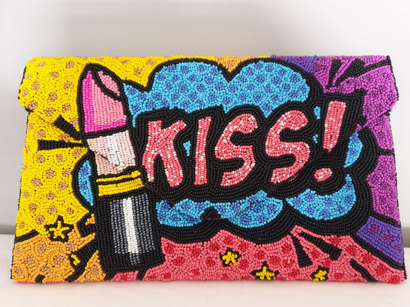 Voluptuous Vintage's Hand Beaded Luxury Pop Art Clutch Bag - Kiss Bag by Rikki. A real pop art inspired beaded piece with bold multicoloured beads, and a central KISS! logo with lipstick depicted neck to it.