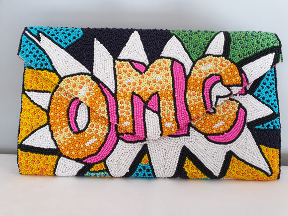 Voluptuous Vintage's Hand Beaded Luxury Pop Art Clutch Bag - OMG Bag by Rikki. Heavily beaded graphic pop art style explosion with a bold OMG in the centre.