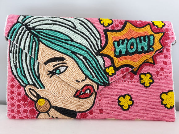 Voluptuous Vintage's Hand Beaded Luxury Pop Art Clutch Bag - Wow Bag by Rikki. A very pop art/Roy Lichtenstein image of a woman's face and a 