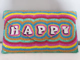 Voluptuous Vintage's Hand Beaded Luxury Retro "Happy" Clutch Bag by Rikki. A rectangular clutch bag with the word "Happy" beaded in white bubble letters across the front, and bordering bands of rainbow colours around it.