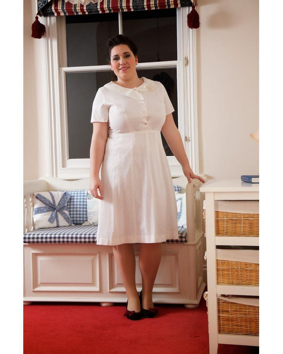 The fabulous Jackie O Classic White Dress in Faye by Authentic Vintage at Voluptuous Vintage