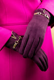 Voluptuous VIntage's Kylie Gloves - suedette gloves in block colour with a contrast trim at a notch on the wrist, and a miniature horse bit detail over the back of the wrist.