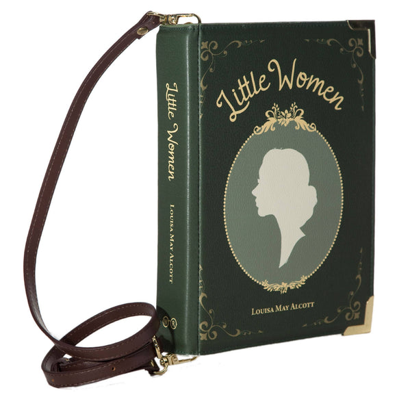 Voluptuous Vintage's Little Women Green Book Crossbody Handbag Bag by Well Read Company. A replica of a hard back book with classic cover and straps attaching either side of the 