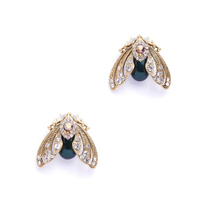 Voluptuous Vintage Bejewelled Moth Studs Tahitian Pearl Earrings by Bill Skinner . opulent moths with dark oval pearl bodies and gold filigree wings, dotted in crystals