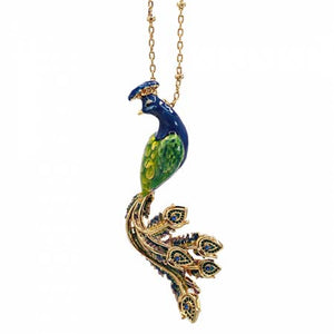 Voluptuous Vintage's Peacock Long Pendant Necklace by Bill Skinner. a bright blue and green enamelled peacock with painted feathers and a bejewelled tail that hangs down.