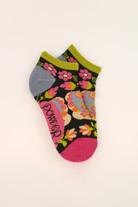 Scandinavian Flora Trainer Socks by Powder. Short socks with acid green and pink floral highllights.