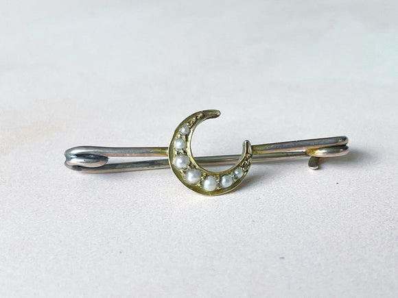 **Victorian Antique 14k Gold Pearl Crescent Moon Bar Pin Brooch Vintage Brooch Authentic Vintage Gold One Size 