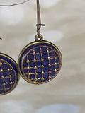 *Vintage Glass Button Brass Earrings Earrings Grandmother's Buttons Royal Blue Lattice 