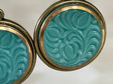 *Vintage Glass Button Brass Earrings Earrings Grandmother's Buttons Turquoise Carved 