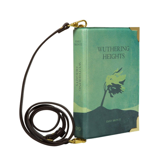 Wuthering Heights Green Book Crossbody Bag by Well Read Company. a bag in hues of green with windswept tree and bold title text. the strap attaches either end of the hardback 